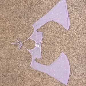 Women's lavender halter mesh rhinestone studded off shoulder bralette crop top